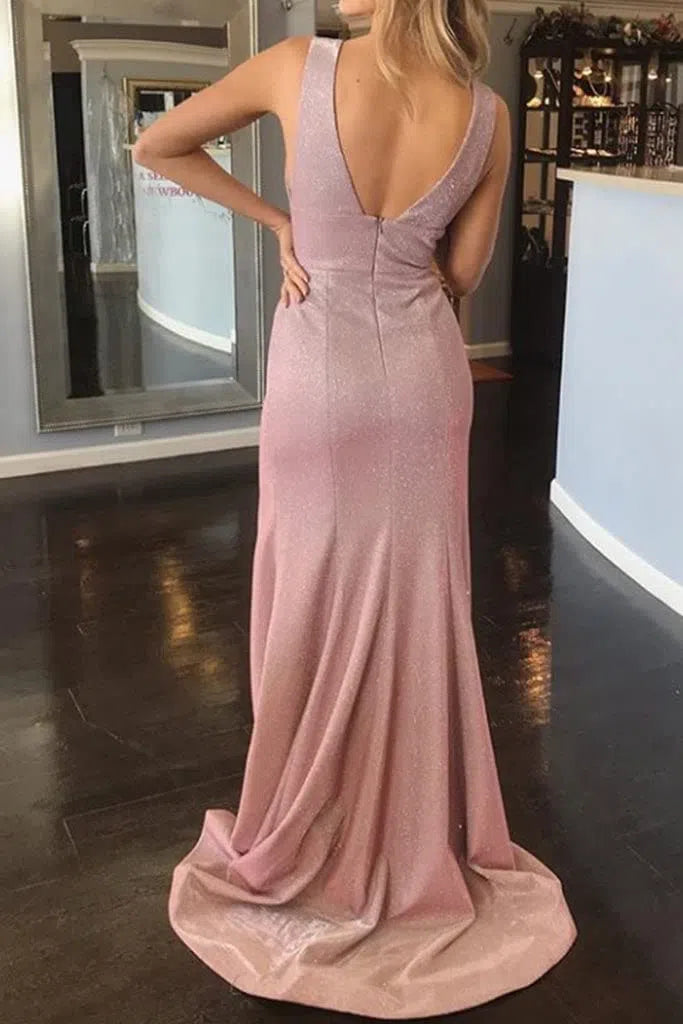 Prom Dress 2025 Sparkly Tulle Sheath Prom Dresses V Neck Evening Dress with Slit FD1549-unique prom dresses-Pink-Custom Size-Viniodress