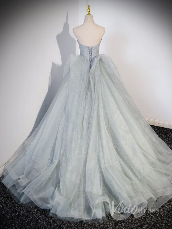 Sparkly Tulle Strapless Prom Dresses Pleated Bodice Beaded Bow 90041-prom dresses 2025 -Viniodress-Grey-Custom Size-