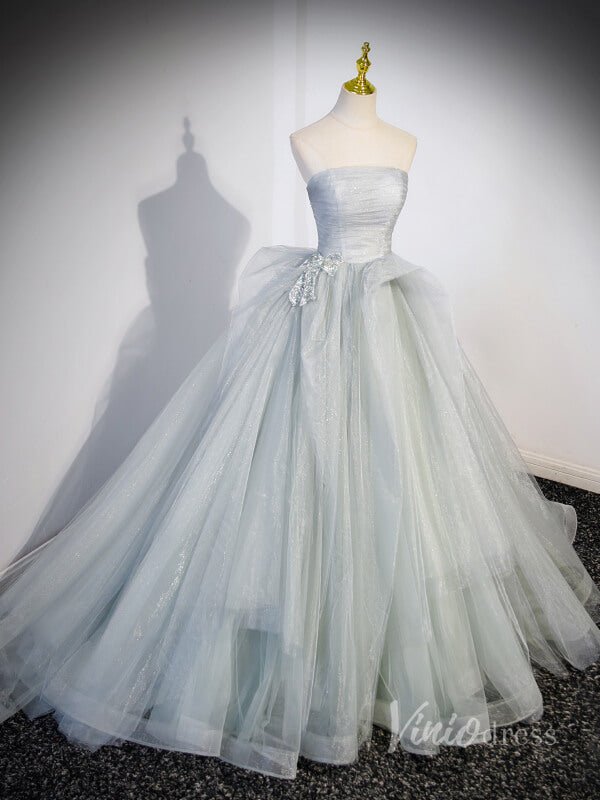 Sparkly Tulle Strapless Prom Dresses Pleated Bodice Beaded Bow 90041-prom dresses 2025 -Viniodress-Grey-Custom Size-
