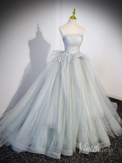 Sparkly Tulle Strapless Prom Dresses Pleated Bodice Beaded Bow 90041-prom dresses 2025 -Viniodress-Grey-Custom Size-