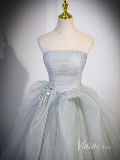Sparkly Tulle Strapless Prom Dresses Pleated Bodice Beaded Bow 90041-prom dresses 2025 -Viniodress-Grey-Custom Size-