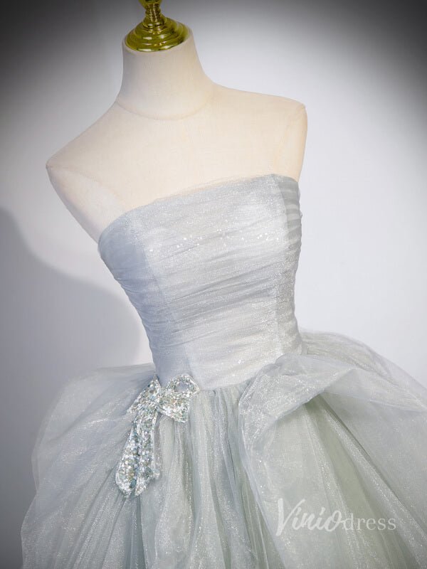 Sparkly Tulle Strapless Prom Dresses Pleated Bodice Beaded Bow 90041-prom dresses 2025 -Viniodress-Grey-Custom Size-