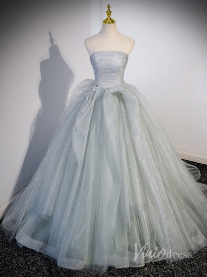 Sparkly Tulle Strapless Prom Dresses Pleated Bodice Beaded Bow 90041-prom dresses 2025 -Viniodress-Grey-Custom Size-