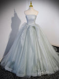 Sparkly Tulle Strapless Prom Dresses Pleated Bodice Beaded Bow 90041