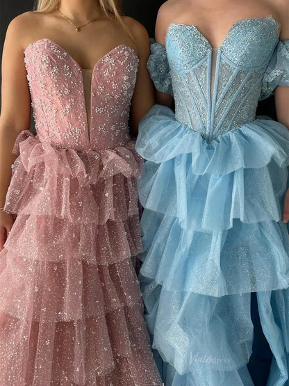 Sparkly Tulle Tiered Prom Dresses with Slit Puffed Sleeve Off the Shoulder Formal Gown - FD3713-prom dresses 2025 -Viniodress-Dusty Blue-Custom Size-