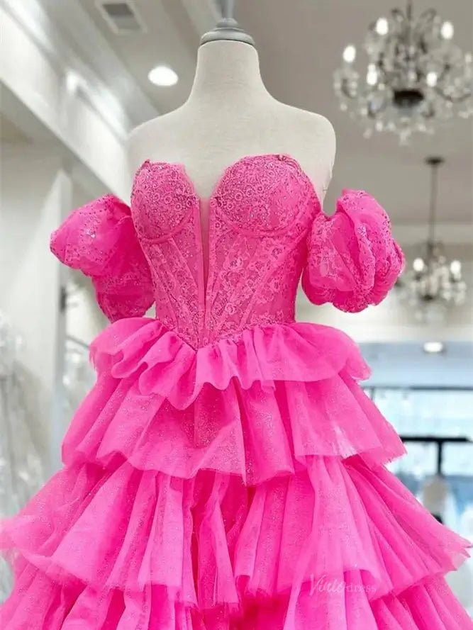 Sparkly Tulle Tiered Prom Dresses with Slit Puffed Sleeve Off the Shoulder Formal Gown - FD3713-prom dresses 2025 -Viniodress-Dusty Blue-Custom Size-