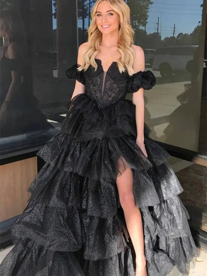 Sparkly Tulle Tiered Prom Dresses with Slit Puffed Sleeve Off the Shoulder Formal Gown - FD3713-prom dresses 2025 -Viniodress-Dusty Blue-Custom Size-