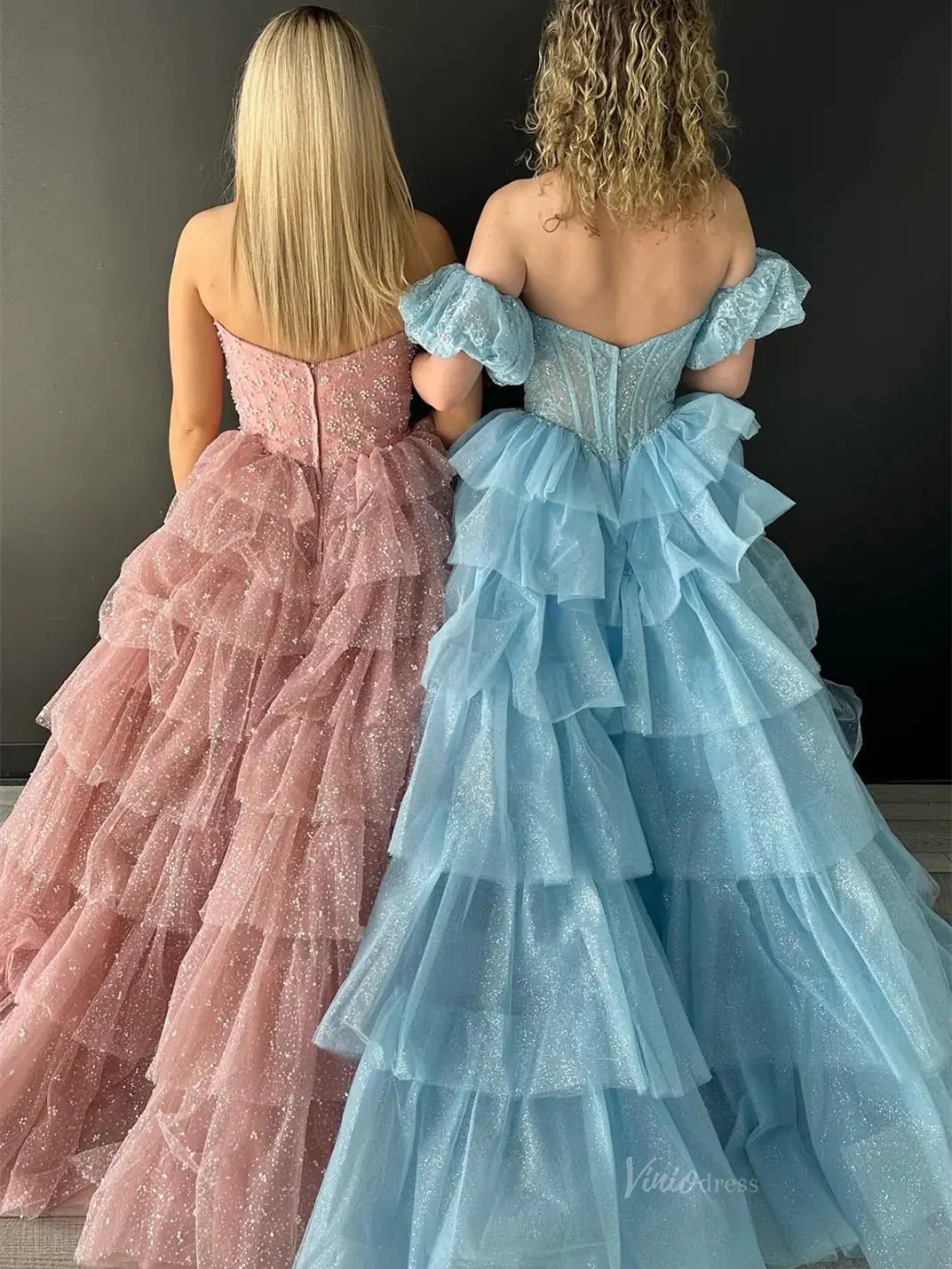 Sparkly Tulle Tiered Prom Dresses with Slit Puffed Sleeve Off the Shoulder Formal Gown - FD3713-prom dresses 2025 -Viniodress-Dusty Blue-Custom Size-