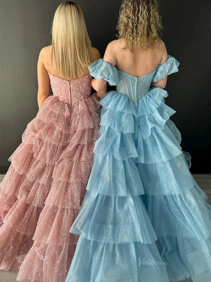 Sparkly Tulle Tiered Prom Dresses with Slit Puffed Sleeve Off the Shoulder Formal Gown - FD3713-prom dresses 2025 -Viniodress-Dusty Blue-Custom Size-