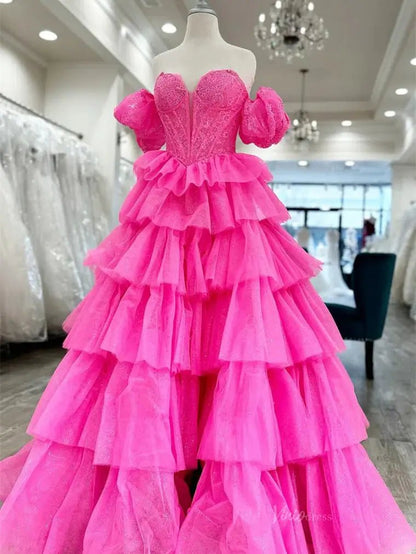 Sparkly Tulle Tiered Prom Dresses with Slit Puffed Sleeve Off the Shoulder Formal Gown - FD3713-prom dresses 2025 -Viniodress-Fuchsia-Custom Size-