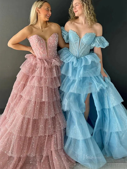 Sparkly Tulle Tiered Prom Dresses with Slit Puffed Sleeve Off the Shoulder Formal Gown - FD3713-prom dresses 2025 -Viniodress-Pink-Custom Size-