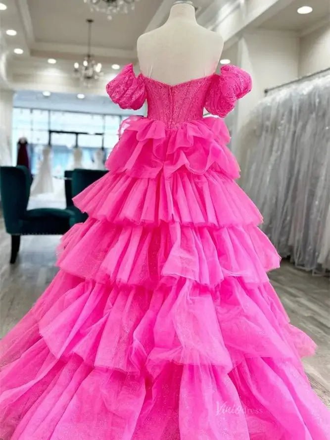 Sparkly Tulle Tiered Prom Dresses with Slit Puffed Sleeve Off the Shoulder Formal Gown - FD3713 - Viniodressprom dressesFuchsiaCustom Size - Formal Dresses - Ball Gowns