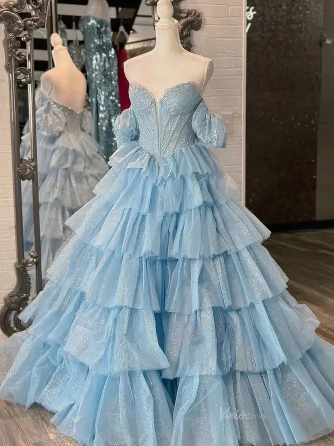 Sparkly Tulle Tiered Prom Dresses with Slit Puffed Sleeve Off the Shoulder Formal Gown - FD3713 - Viniodressprom dressesDusty BlueCustom Size - Formal Dresses - Ball Gowns