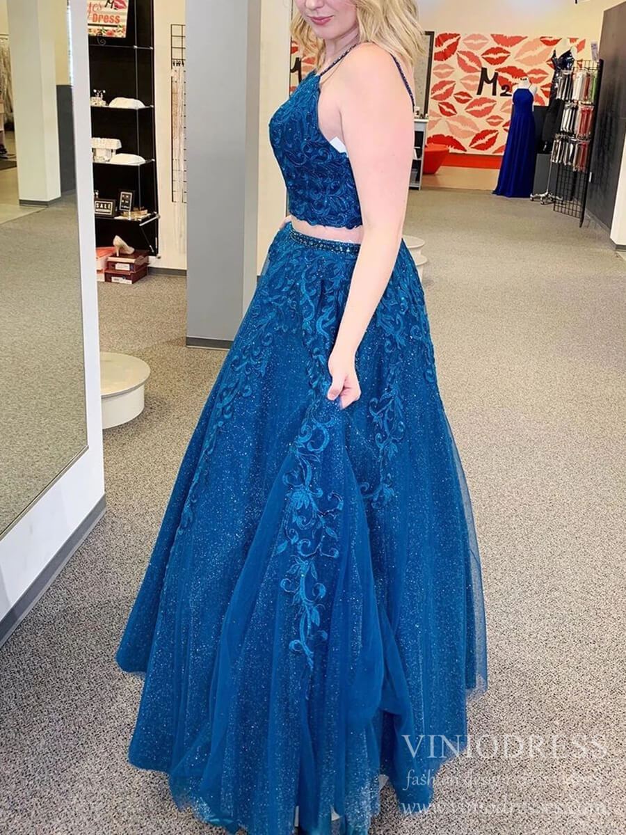 Sparkly Two Piece Prom Dresses Spaghetti Strap Lace Appliqued Long Formal Gowns FD2392-prom dresses 2025 -Viniodress-Dusty Rose-Custom Size-