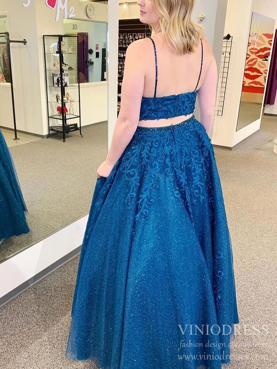 Sparkly Two Piece Prom Dresses Spaghetti Strap Lace Appliqued Long Formal Gowns FD2392-prom dresses 2025 -Viniodress-Dusty Rose-Custom Size-