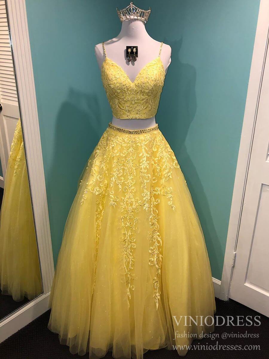 Sparkly Two Piece Prom Dresses Spaghetti Strap Lace Appliqued Long Formal Gowns FD2392-prom dresses 2025 -Viniodress-Dusty Rose-Custom Size-