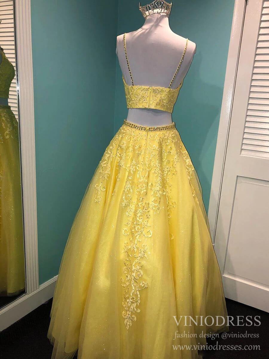 Sparkly Two Piece Prom Dresses Spaghetti Strap Lace Appliqued Long Formal Gowns FD2392-prom dresses 2025 -Viniodress-Dusty Rose-Custom Size-