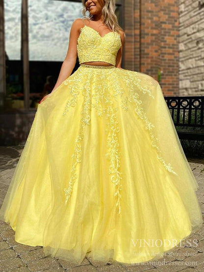 Sparkly Two Piece Prom Dresses Spaghetti Strap Lace Appliqued Long Formal Gowns FD2392-prom dresses 2025 -Viniodress-Yellow-Custom Size-