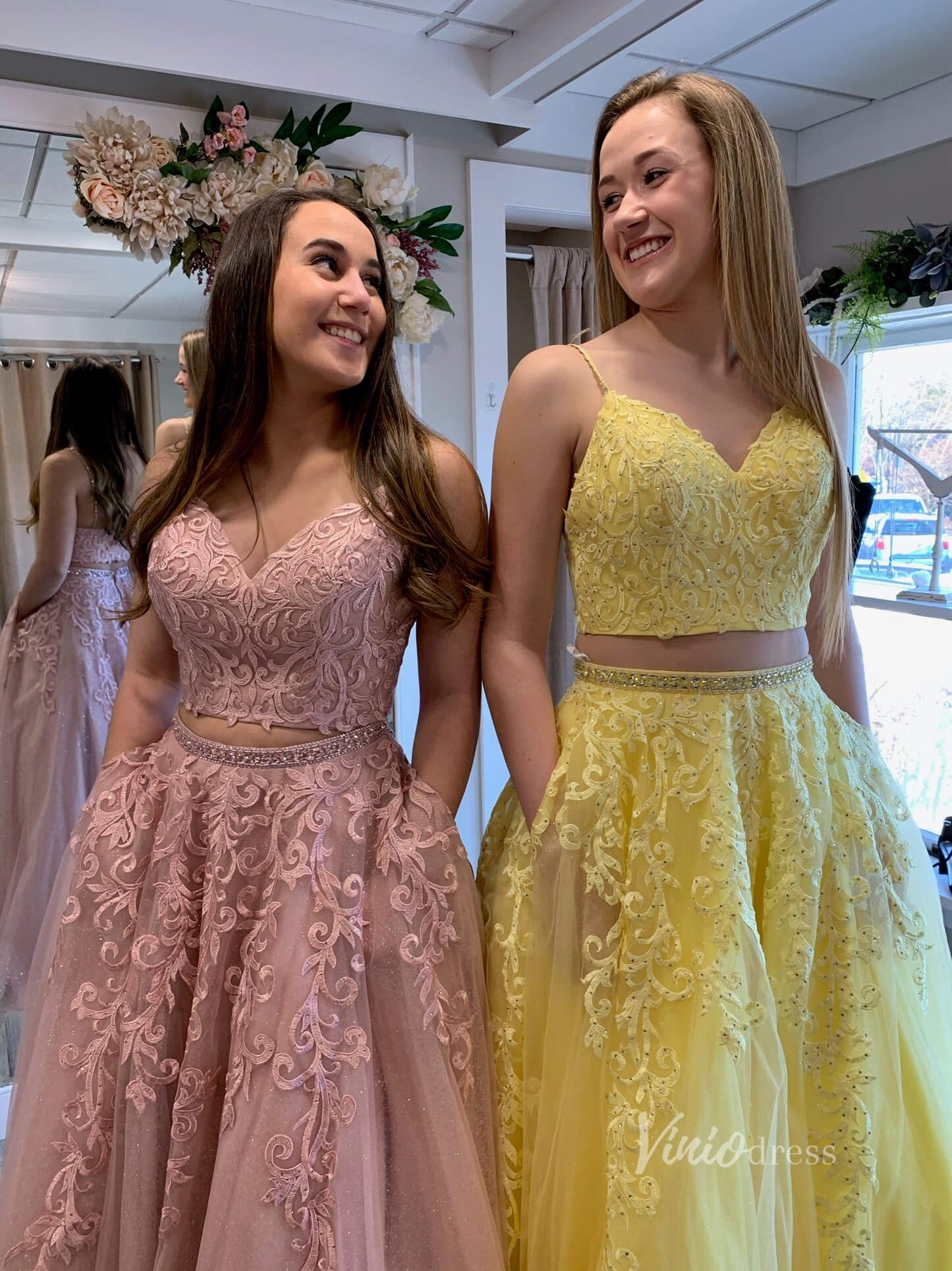 Sparkly Two Piece Prom Dresses Spaghetti Strap Lace Appliqued Long For –  Viniodress