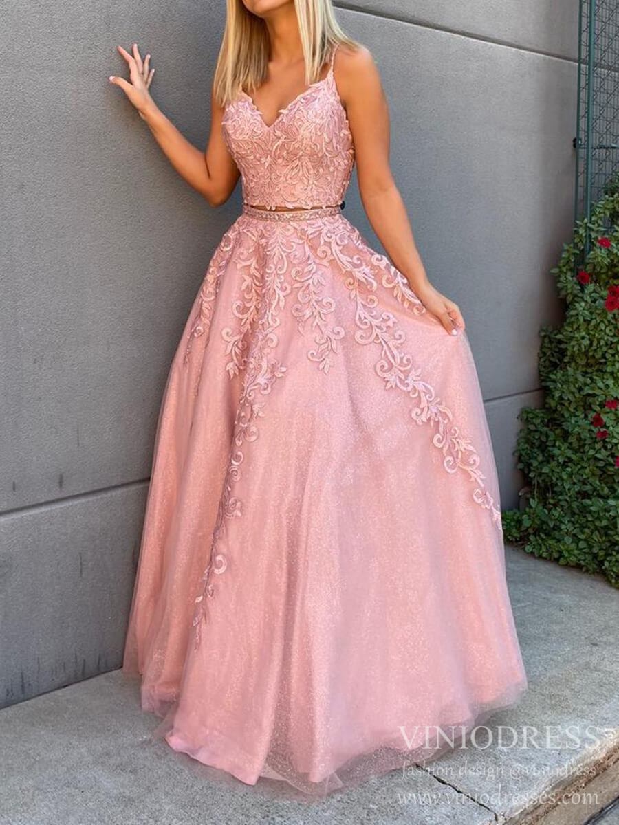 Prom Dress 2025 Sparkly Two Piece Prom Dresses Spaghetti Strap Lace Appliqued Long Formal Gowns FD2392-unique prom dresses-Dusty Rose-Custom Size-Viniodress