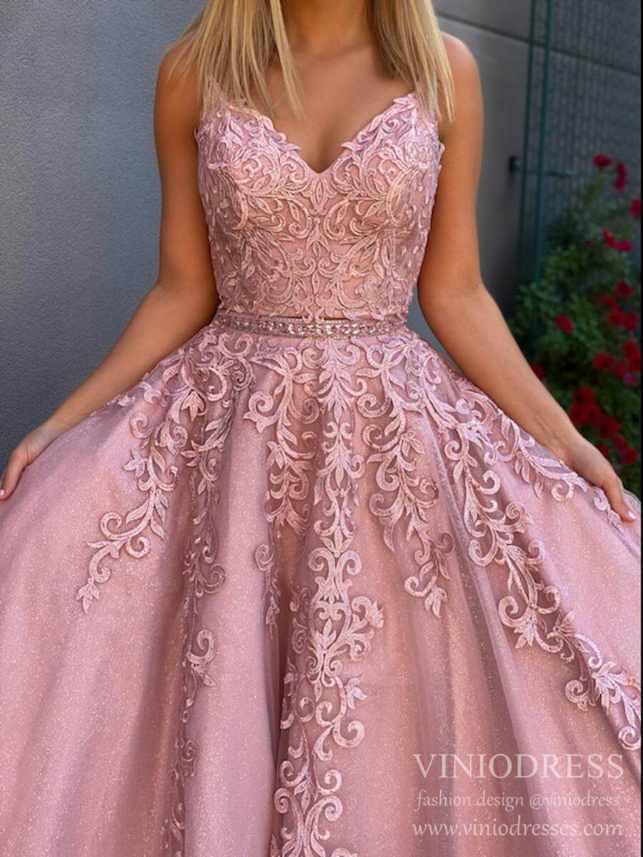 Prom Dress 2025 Sparkly Two Piece Prom Dresses Spaghetti Strap Lace Appliqued Long Formal Gowns FD2392-unique prom dresses-Dusty Rose-Custom Size-Viniodress