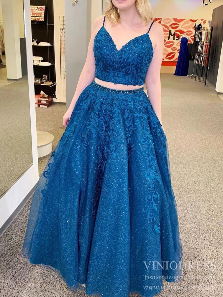 Prom Dress 2025 Sparkly Two Piece Prom Dresses Spaghetti Strap Lace Appliqued Long Formal Gowns FD2392-unique prom dresses-Blue-Custom Size-Viniodress