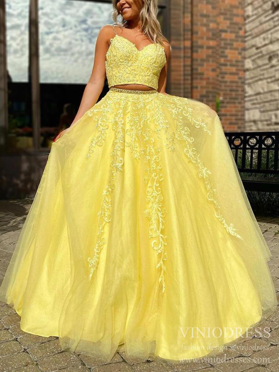 Prom Dress 2025 Sparkly Two Piece Prom Dresses Spaghetti Strap Lace Appliqued Long Formal Gowns FD2392-unique prom dresses-Yellow-Custom Size-Viniodress