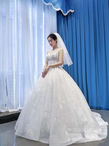 Sparkly Wedding Dresses Feather Lace Ball Gown Bridal Dress VW1778-wedding dresses 2025 -Viniodress-Ivory-Custom Size-