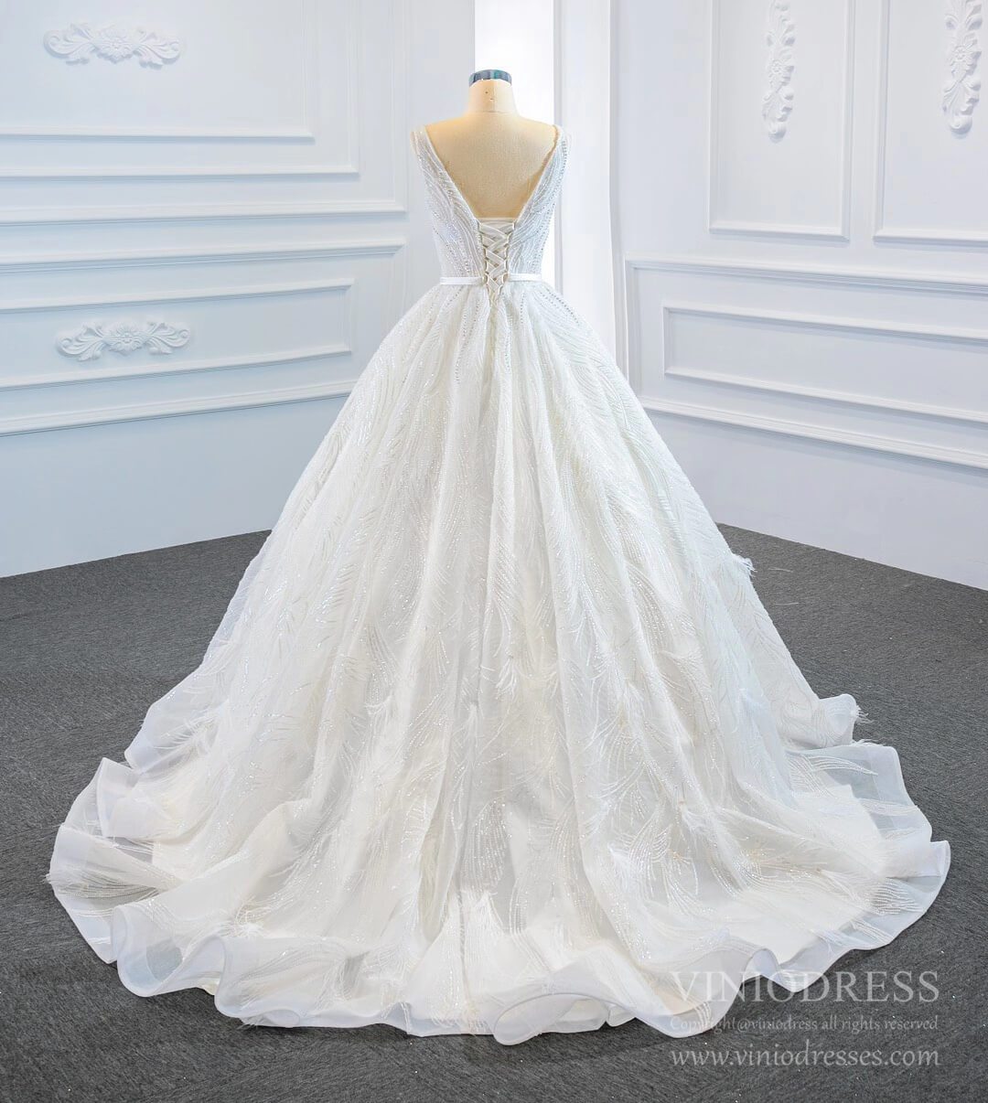 Sparkly Wedding Dresses Feather Lace Ball Gown Bridal Dress VW1778-wedding dresses 2025 -Viniodress-Ivory-Custom Size-