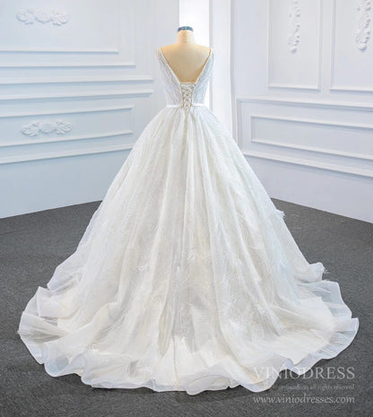 Sparkly Wedding Dresses Feather Lace Ball Gown Bridal Dress VW1778-wedding dresses 2025 -Viniodress-Ivory-Custom Size-