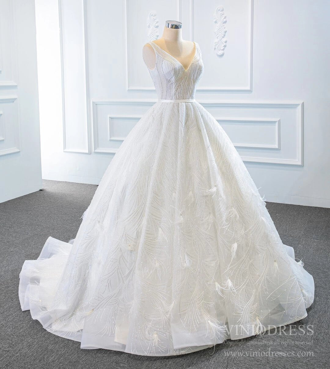 Sparkly Wedding Dresses Feather Lace Ball Gown Bridal Dress VW1778-wedding dresses 2025 -Viniodress-Ivory-Custom Size-