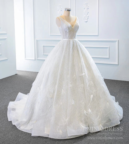 Sparkly Wedding Dresses Feather Lace Ball Gown Bridal Dress VW1778-wedding dresses 2025 -Viniodress-Ivory-Custom Size-