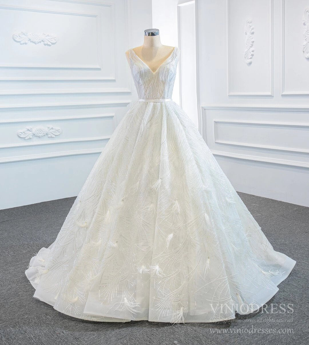 Sparkly Wedding Dresses Feather Lace Ball Gown Bridal Dress VW1778-wedding dresses 2025 -Viniodress-Ivory-Custom Size-