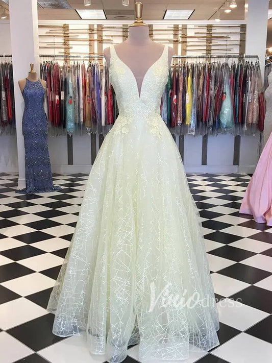 Sparkly Yellow Lace Long Prom Dresses Plunging V Neck FD1361-prom dresses 2025 -Viniodress-Yellow-US 2-