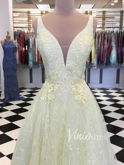 Sparkly Yellow Lace Long Prom Dresses Plunging V Neck FD1361-prom dresses 2025 -Viniodress-Yellow-US 2-