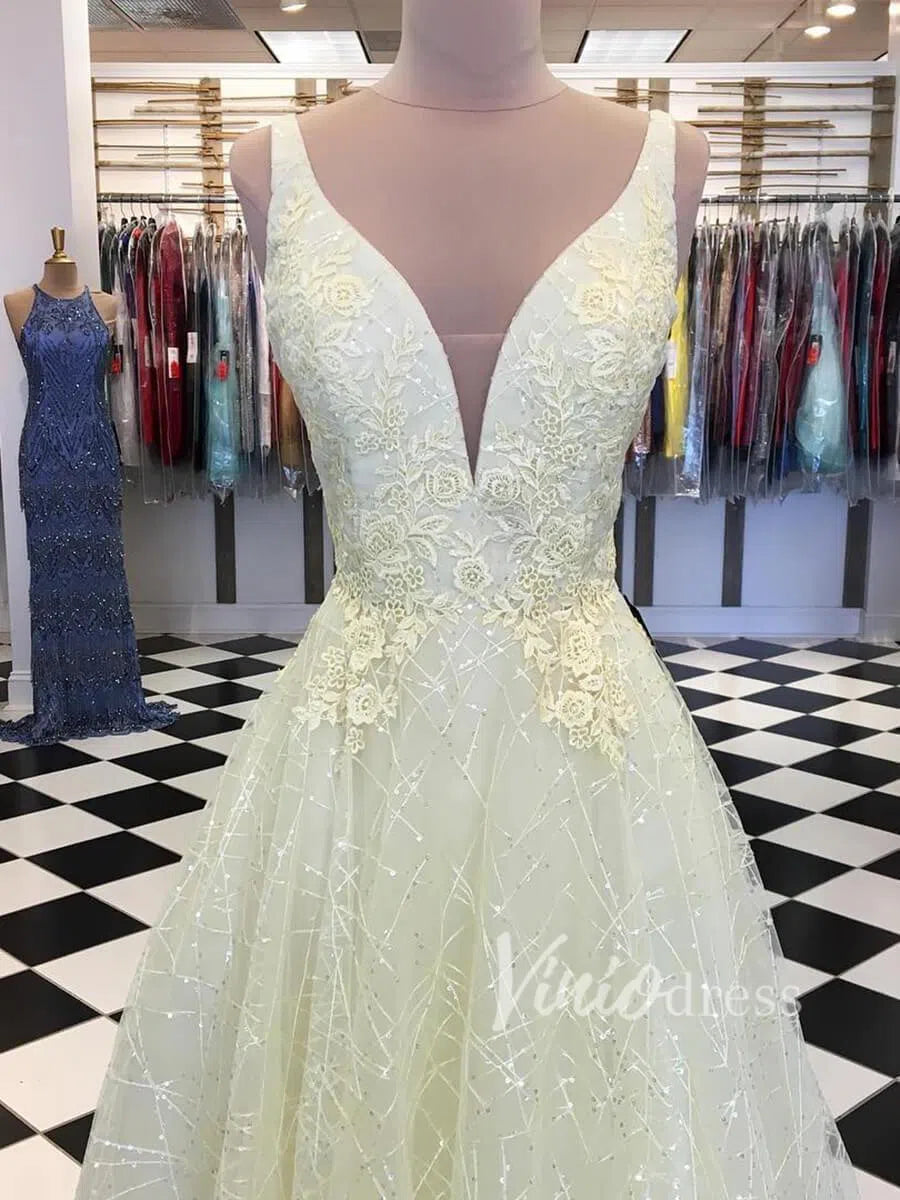 Sparkly Yellow Lace Long Prom Dresses Plunging V Neck FD1361-prom dresses-Viniodress-Viniodress