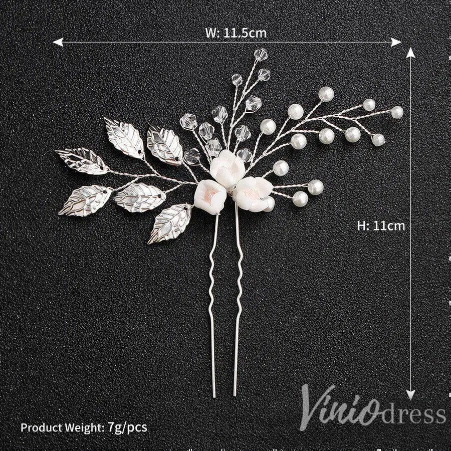 Sprig Floral Silver Bridal Hairpin Pearl and Crystals AC1089-Headpieces 2025 -Viniodress-Silver-