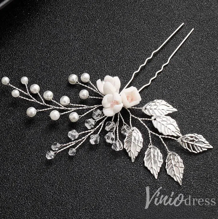 Sprig Floral Silver Bridal Hairpin Pearl and Crystals AC1089-Headpieces 2025 -Viniodress-Silver-