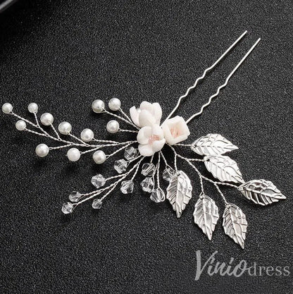 Sprig Floral Silver Bridal Hairpin Pearl and Crystals AC1089-Headpieces 2025 -Viniodress-Silver-