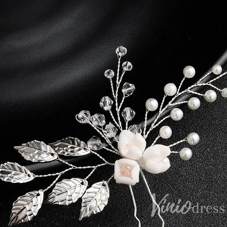 Sprig Floral Silver Bridal Hairpin Pearl and Crystals AC1089-Headpieces 2025 -Viniodress-Silver-