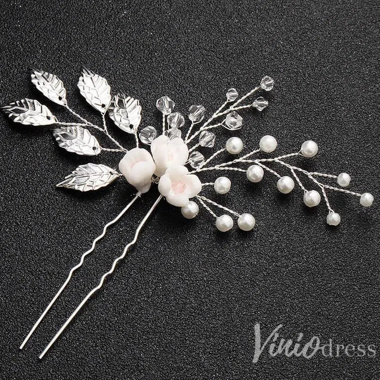 Sprig Floral Silver Bridal Hairpin Pearl and Crystals AC1089-Headpieces 2025 -Viniodress-Silver-