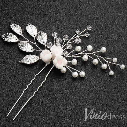 Sprig Floral Silver Bridal Hairpin Pearl and Crystals AC1089-Headpieces 2025 -Viniodress-Silver-