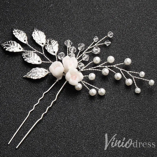 Sprig Floral Silver Bridal Hairpin Pearl and Crystals AC1089-Headpieces 2025 -Viniodress-Silver-