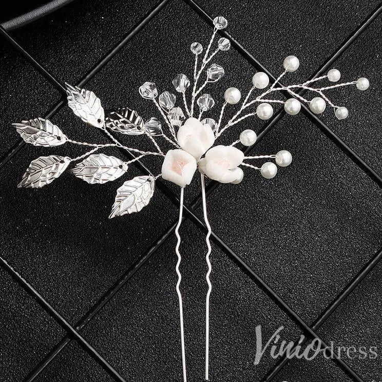 Sprig Floral Silver Bridal Hairpin Pearl and Crystals AC1089-Headpieces-Viniodress-Silver-Viniodress