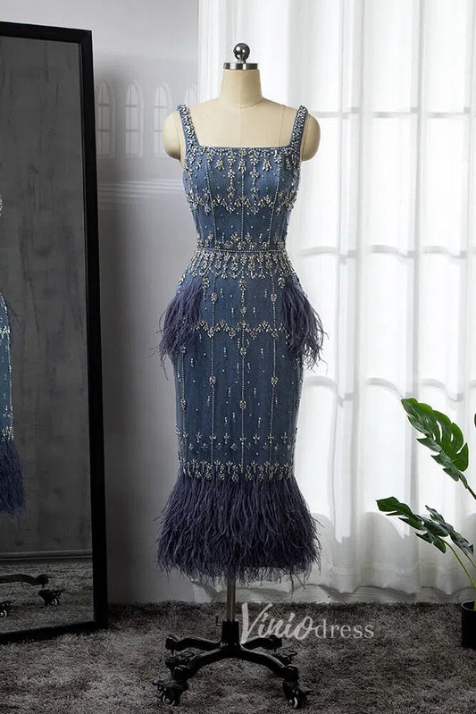 Square Neck Beaded Blue Evening Dresses Dusty Blue Tea Length Feather Dress 20020-Evening Dresses 2025 -Viniodress-Blue-US 2-