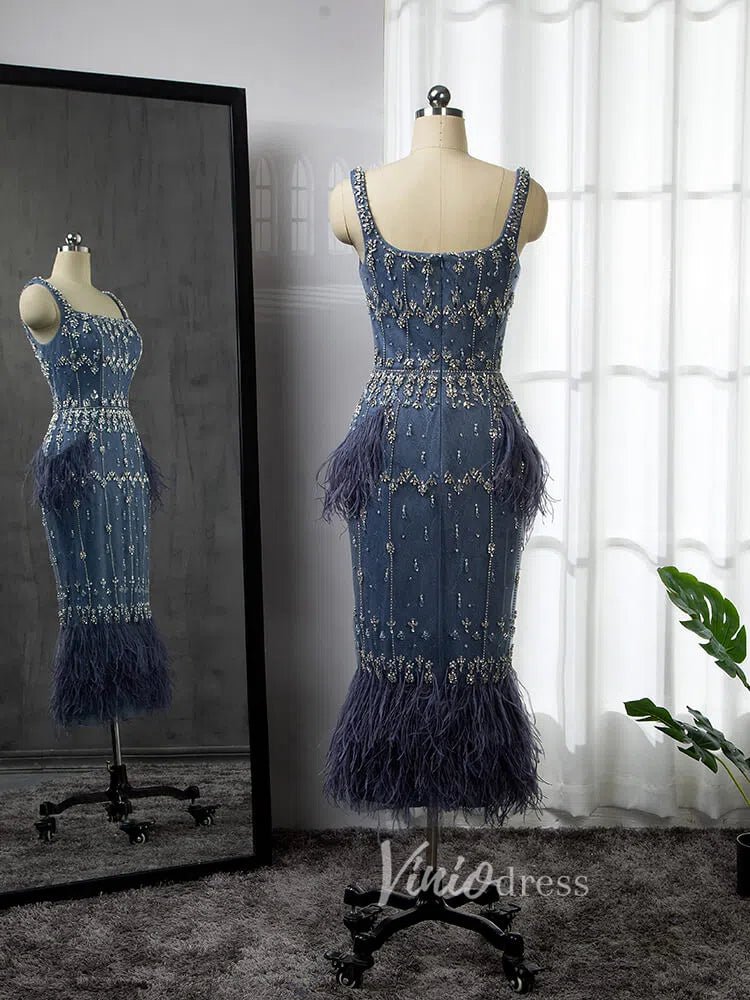 Square Neck Beaded Blue Evening Dresses Dusty Blue Tea Length Feather Dress 20020-Evening Dresses 2025 -Viniodress-Blue-US 2-