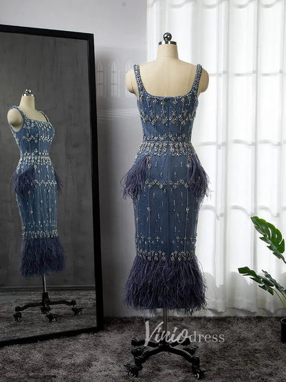 Square Neck Beaded Blue Evening Dresses Dusty Blue Tea Length Feather Dress 20020-Evening Dresses 2025 -Viniodress-Blue-US 2-
