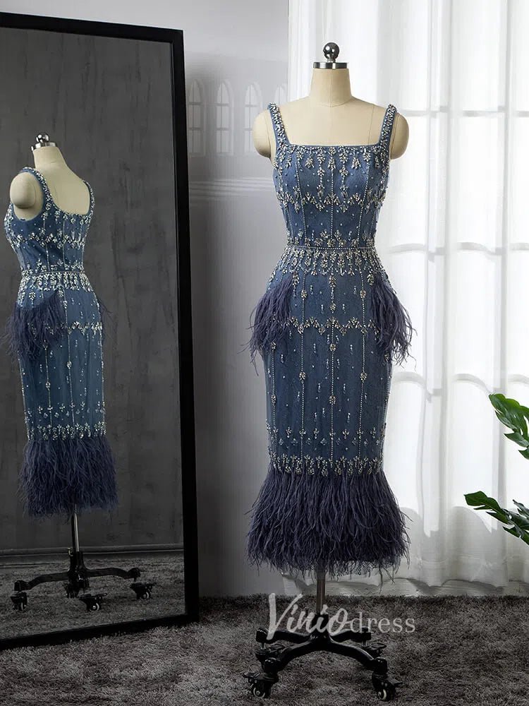 Square Neck Beaded Blue Evening Dresses Dusty Blue Tea Length Feather Dress 20020-Evening Dresses 2025 -Viniodress-Blue-US 2-