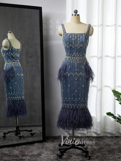 Square Neck Beaded Blue Evening Dresses Dusty Blue Tea Length Feather Dress 20020-Evening Dresses 2025 -Viniodress-Blue-US 2-