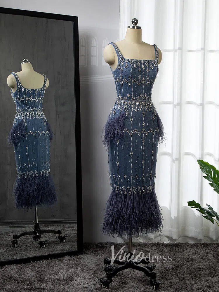 Square Neck Beaded Blue Evening Dresses Dusty Blue Tea Length Feather Dress 20020-Evening Dresses 2025 -Viniodress-Blue-US 2-